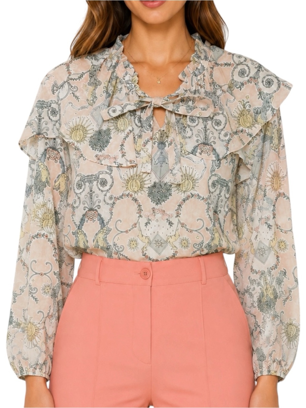 SEE BY CHLOE Baroque Garden Print Ruffled Pink Blouse US 2